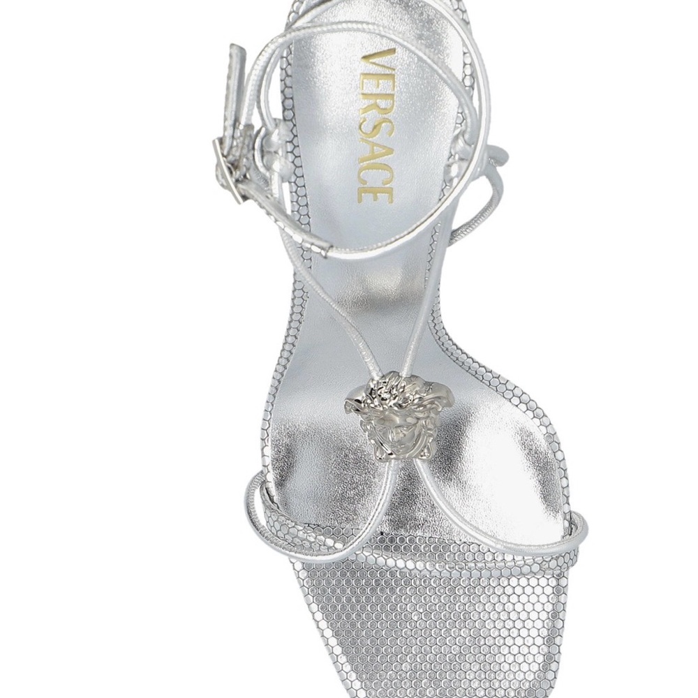Versace Silver Medusa Accent Metallic Strappy Heel Sandal